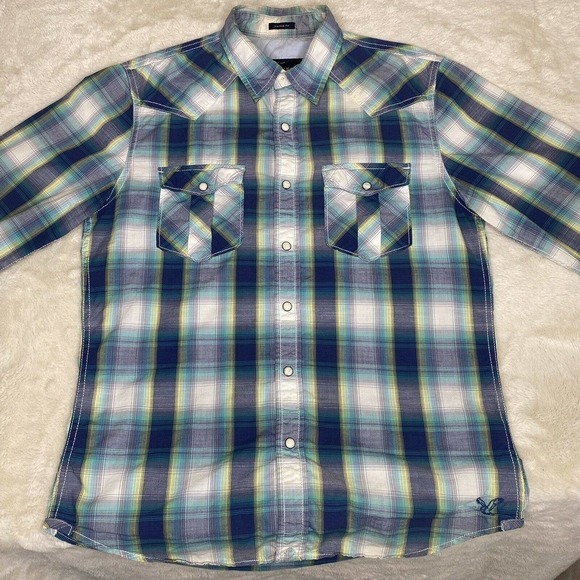 American Eagle Men’s Blue & White Plaid Cotton Vintage Fit Button-Up Shirt - Picture 2 of 9